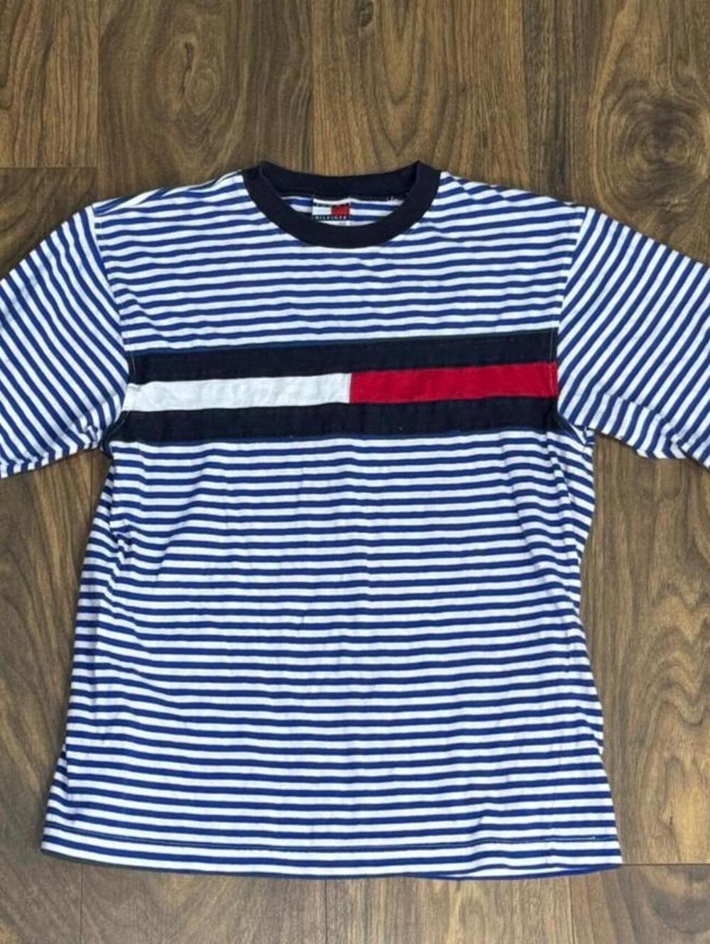 Tommy Hilfiger Youth Large T-Shirt Red White Blue Striped Colorblock 100% Cotton
